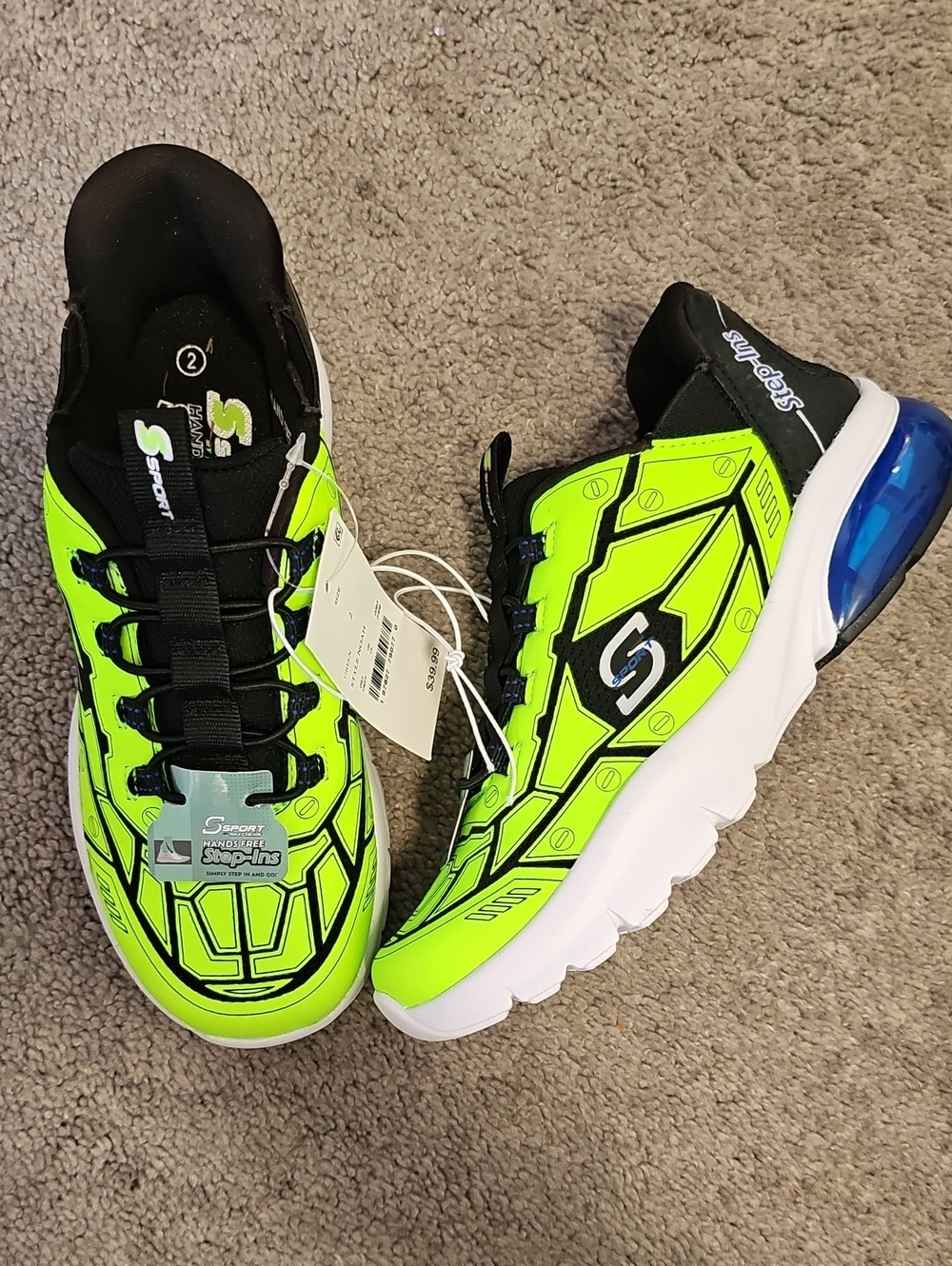 NWT Skechers Sport Noah Hands Free Step- Ins Size Youth 2 Neon Green/Black